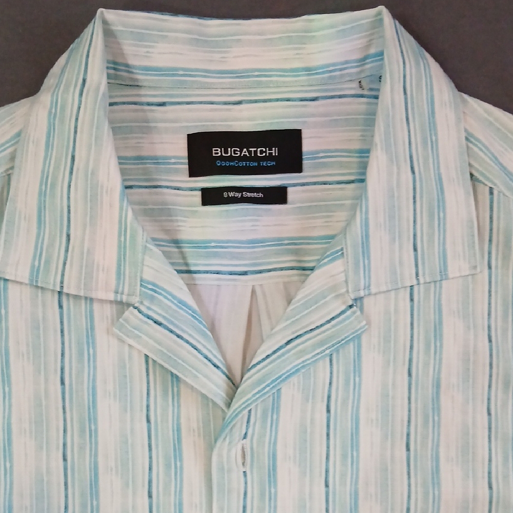 Bugatchi Men's Green and White Striped Shirt